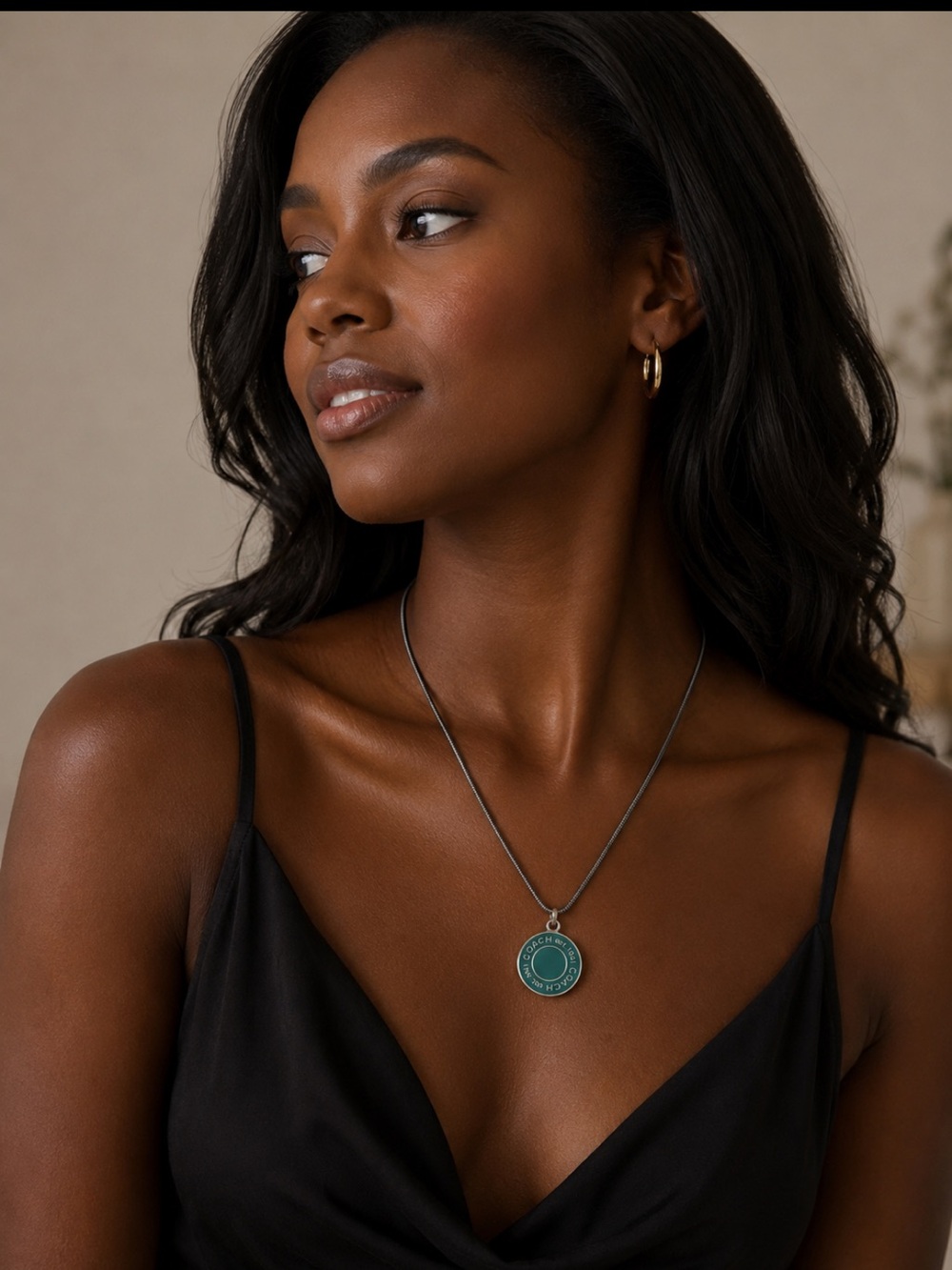Coach Silver Snake Chain Necklace with Teal Pendant